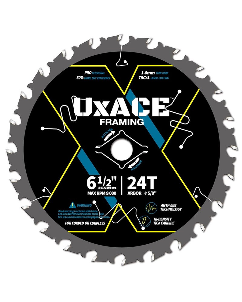 UXACE منشار دائري بقطر 6-1/2 بوصة و24 سنًا مع محور 5/8 بوصة، لقطع الأخشاب، طرف كربيد، شق رفيع، للخشب الرقائقي، MDF، OSB، ومركب - Image 1